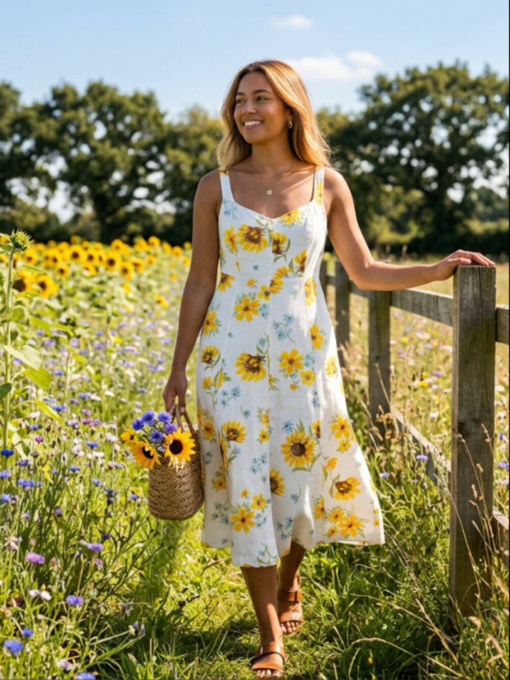 Flowery Linen Dress with Pockets